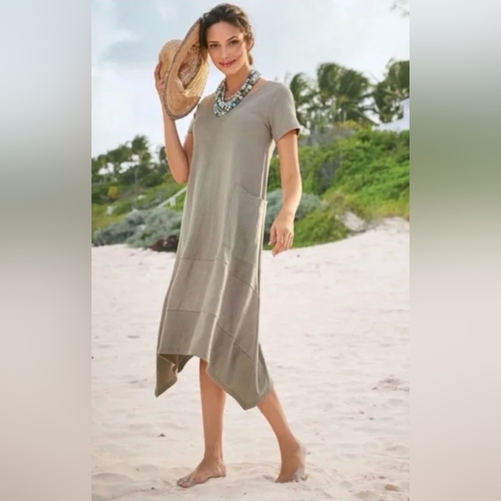 Soft Surroundings Sage Green Short Sleeve Cotton Linen Dress